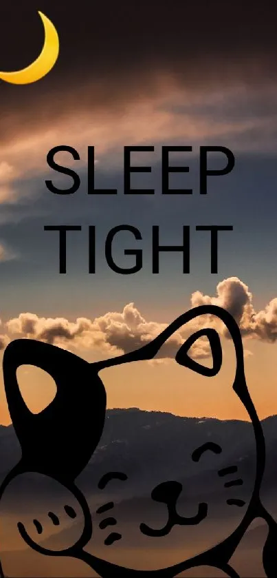 Cute cat under crescent moon with 'Sleep Tight' text on night sky wallpaper.