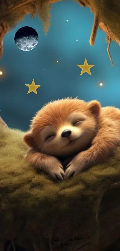 Cute sleeping animal in a cozy tree hollow with stars and night sky.