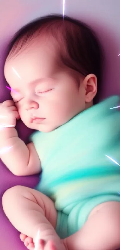 Mobile wallpaper of a cute sleeping baby wrapped in soft teal, set against a pastel background.