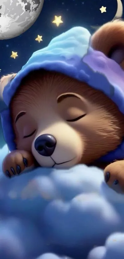 Cute bear sleeping on a cloud under stars and a crescent moon.
