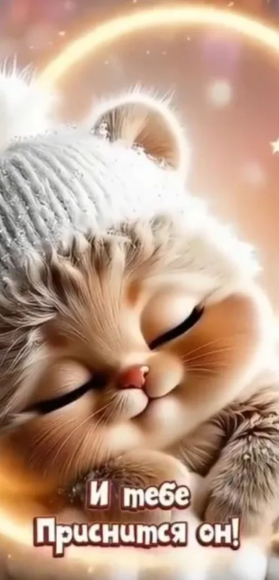 Cute cartoon kitten sleeping in cozy winter setting.