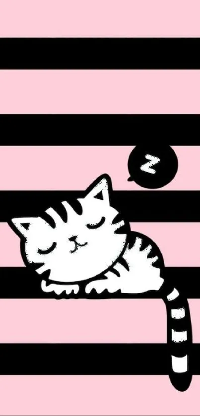 Sleeping cat on pink striped wallpaper.