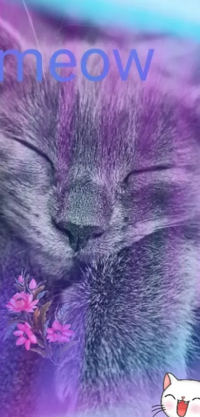 Adorable purple themed wallpaper of a sleeping cat with cute elements.