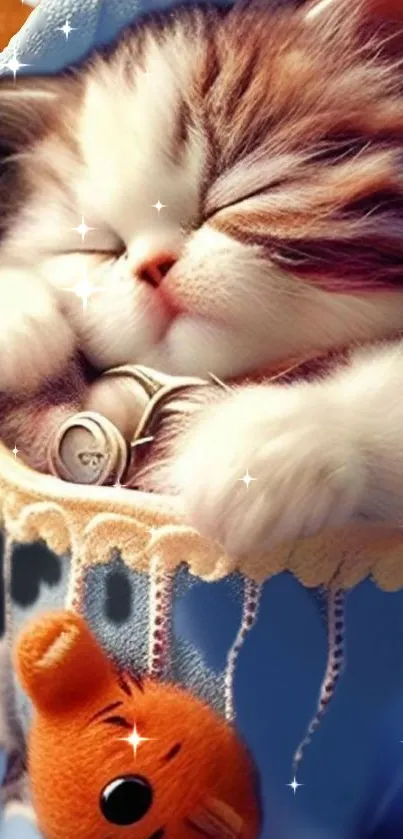 Adorable sleeping kitten in a soft blue setting with twinkling stars.