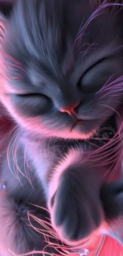 Cute sleeping kitten with pink fluffy surroundings.