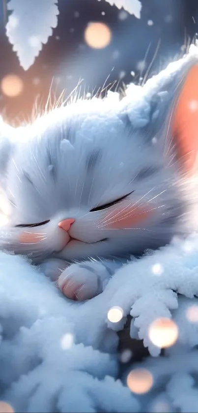 Adorable kitten sleeping in snowy backdrop.