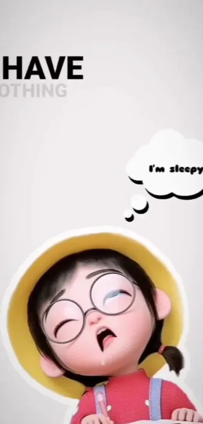 A cute cartoon girl in a yellow hat with a sleepy thought bubble.