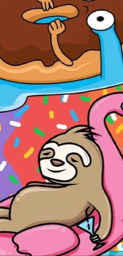 Cute sloth and donut mobile wallpaper on teal ocean background.