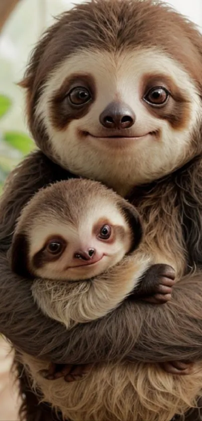 Adorable sloth hugging baby sloth in a heartwarming scene.