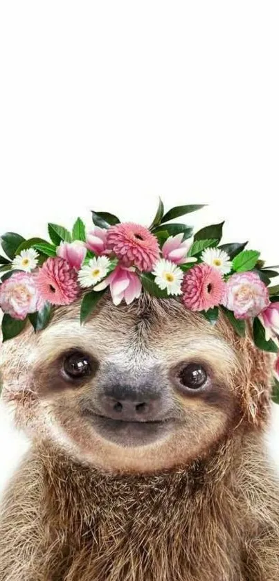 Cute sloth with a floral crown on white background for phone wallpaper.