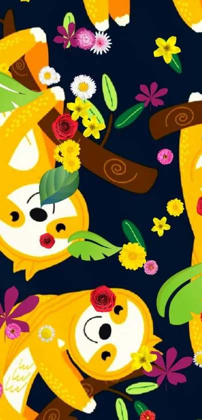 Vibrant wallpaper with yellow sloths and colorful floral elements.