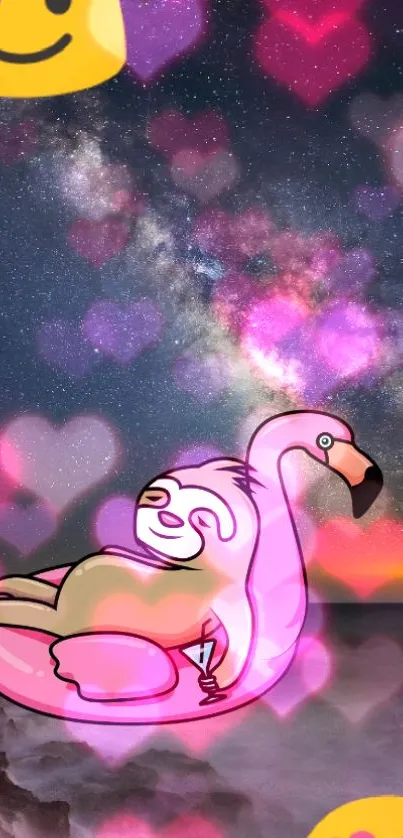 Sloth on flamingo in a galaxy heart background.