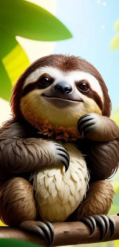 Adorable sloth smiling on a branch in vibrant jungle wallpaper.