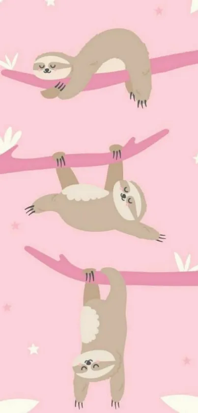 Cartoon sloths hanging on pink branches in a cute wallpaper design.