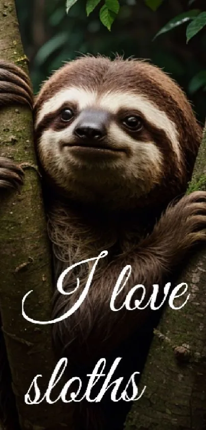 Adorable sloth hugging a tree in a forest setting with 'I love sloths' text.