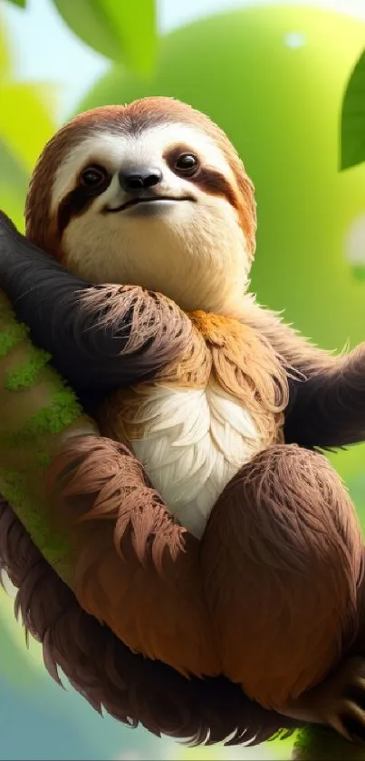 Adorable cartoon sloth hanging on a tree branch with lush green leaves.