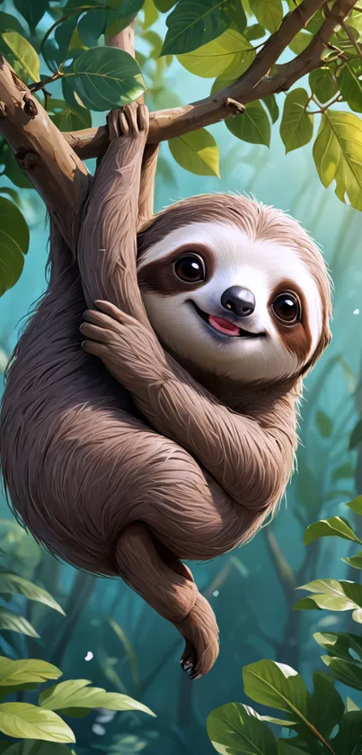 Adorable sloth hanging from a tree with lush green leaves.