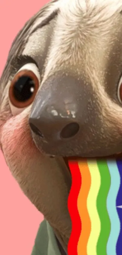 Cute sloth with rainbow vomit on a pink background.