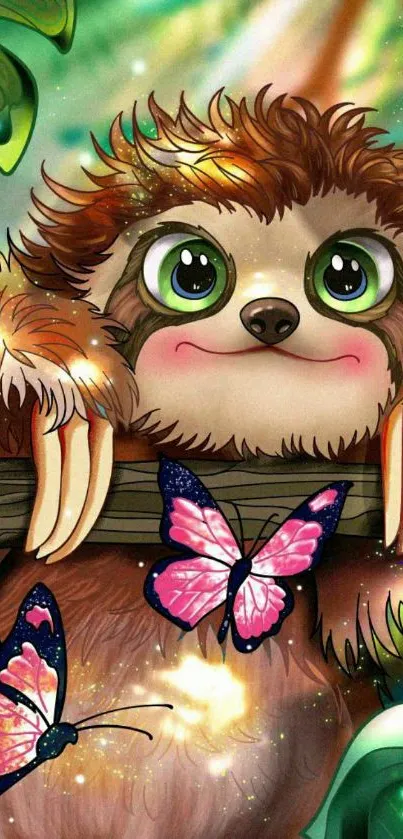 Cute sloth with butterflies on a vibrant green background.