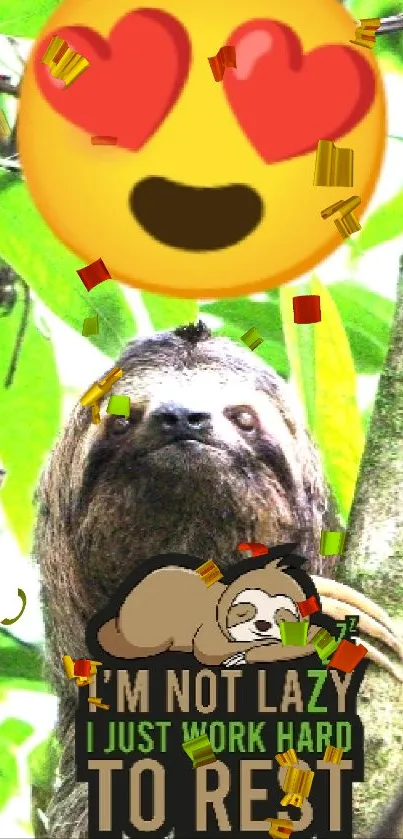 Adorable sloth with heart eyes emoji in jungle background.