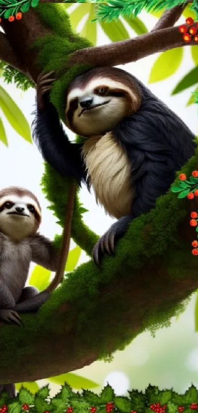 Two sloths on a tree in festive forest setting with holly leaves.