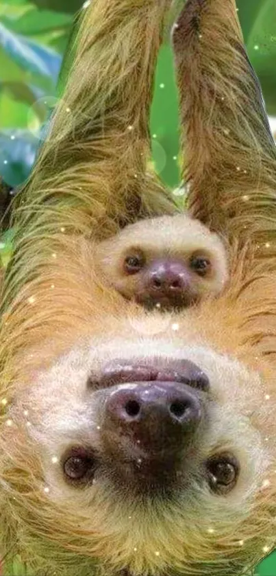 Upside-down sloth duo in a green forest.