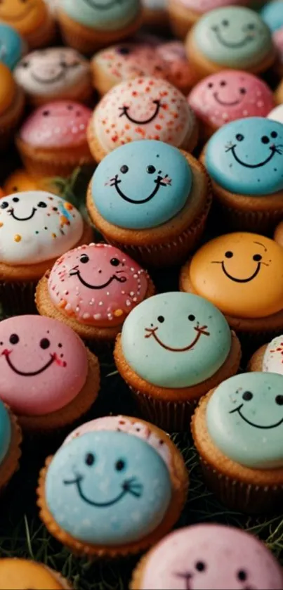 Cute smiley cupcakes with colorful icing.