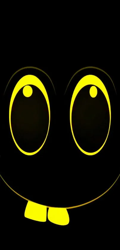 Cute smiley face with glowing yellow eyes on a black background.