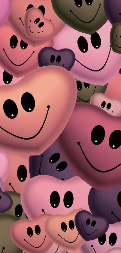 Smiley hearts in pink and peach shades fill the screen.