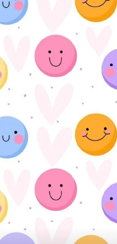 Colorful smiley face and heart pattern wallpaper.