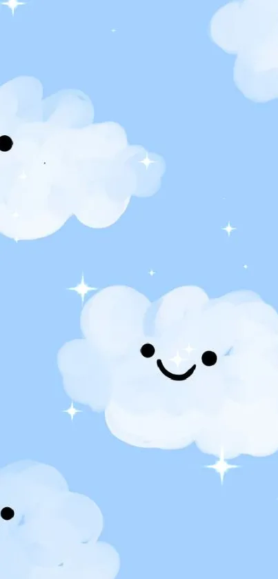 Cute smiling clouds on a blue background, perfect for mobile wallpaper.