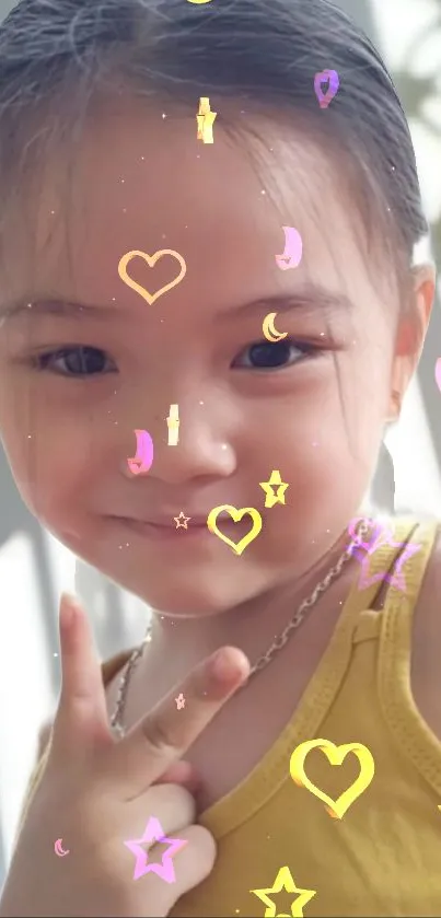 Wallpaper of smiling child with heart and star overlays, main color light yellow.