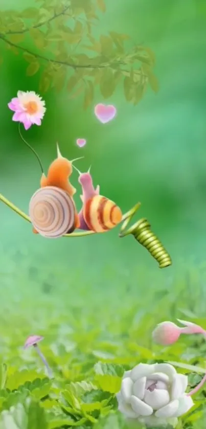 Whimsical snails and flowers on green background wallpaper.