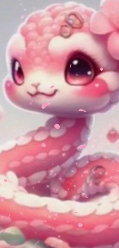 Adorable pink snake anime wallpaper featuring cute flowers.