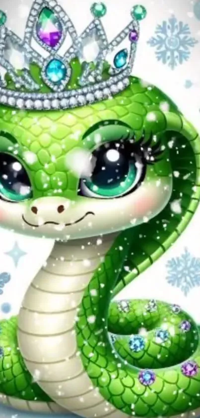Cute green snake with a jeweled crown in snow.
