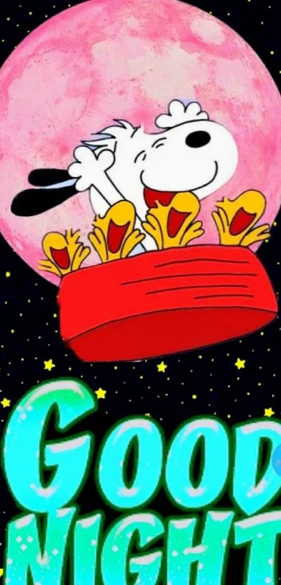 Snoopy sleeping on a moon with 'Good Night' text.