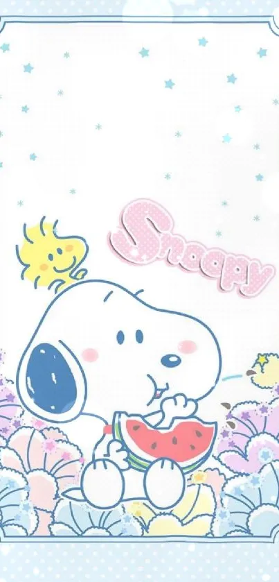 Snoopy with watermelon in pastel colors, cute wallpaper.