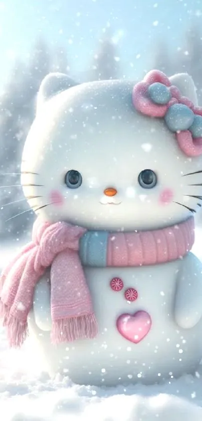 Cute snow cat with pink scarf and bow in a snowy winter scene.