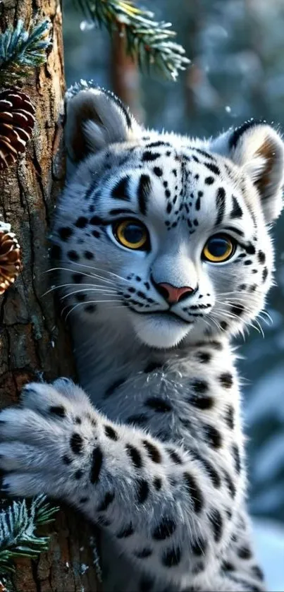 Cute illustrated snow leopard hugging a tree with pinecones in winter forest.