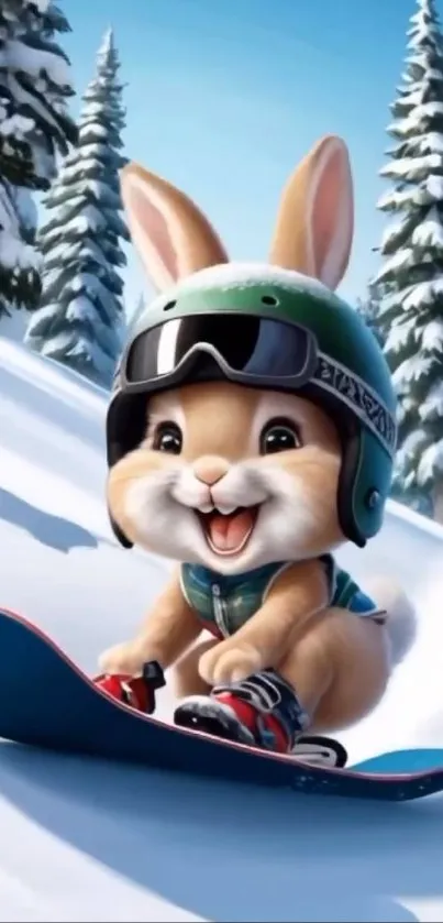 Cute bunny snowboarding down a snowy hill wearing a helmet.