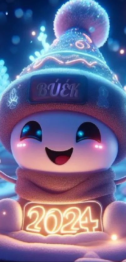 Cute snowman with 2024 sign and festive winter background.