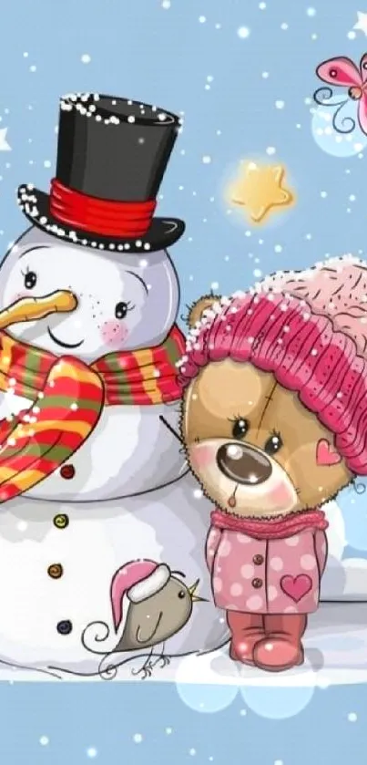 Cute illustration of a snowman with a teddy bear and stars.