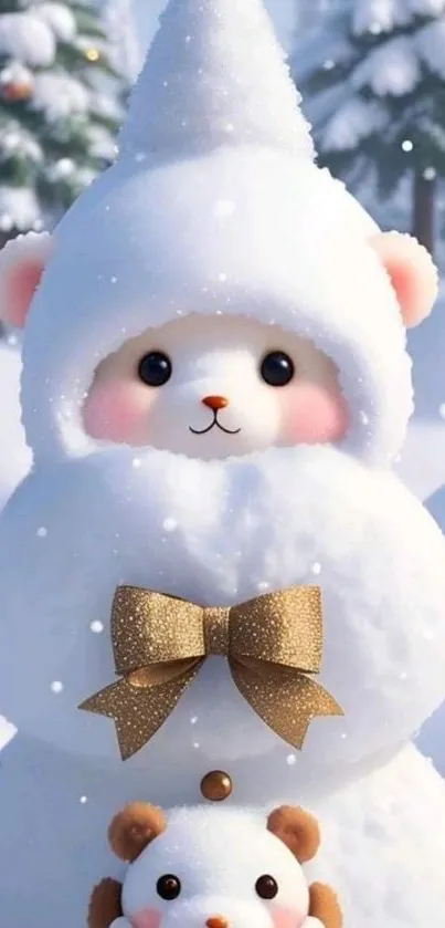 Cute snowman and bear in snowy forest wallpaper.