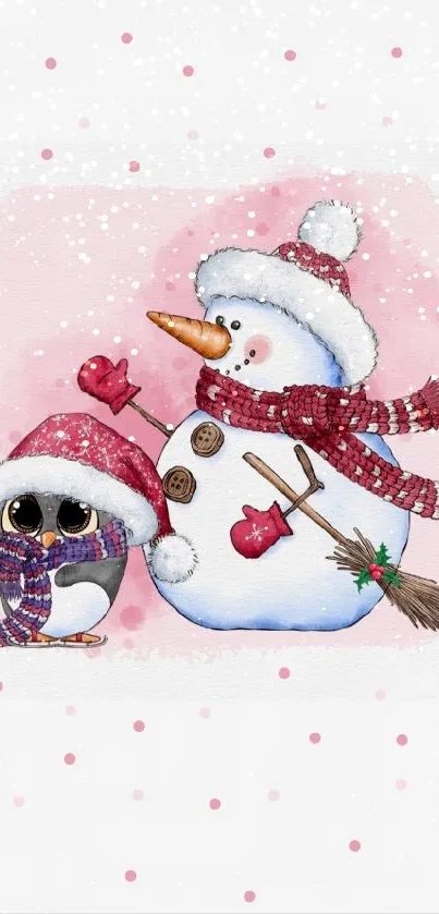 Cute snowman and penguin with a pink dotted background.