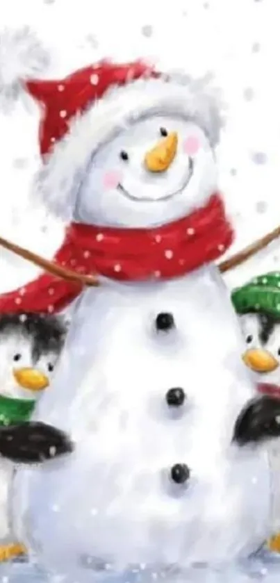 Snowman with penguins in winter attire.