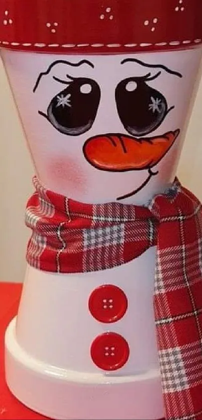 Adorable handmade snowman art with checked scarf and red buttons.