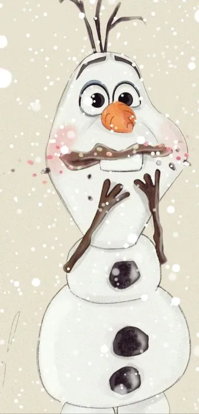 Cute snowman cartoon wallpaper with snowy background and beige theme.