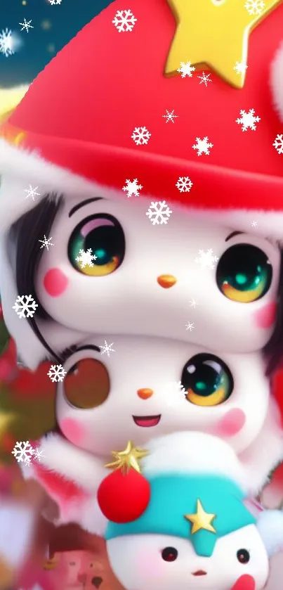 Adorable Christmas-themed wallpaper featuring stacked snowmen and festive decor.