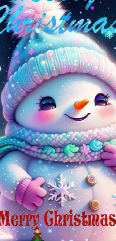 Adorable snowman wearing a beanie with Christmas decorations.