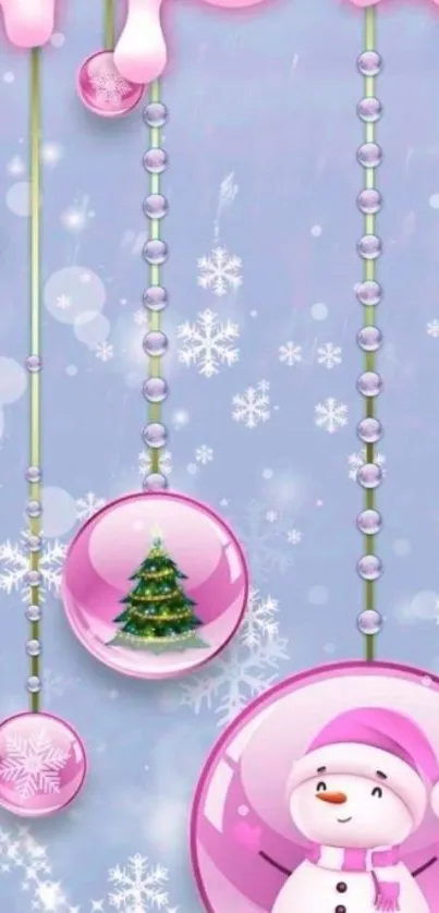 Cute snowman with Christmas decorations on pink background.